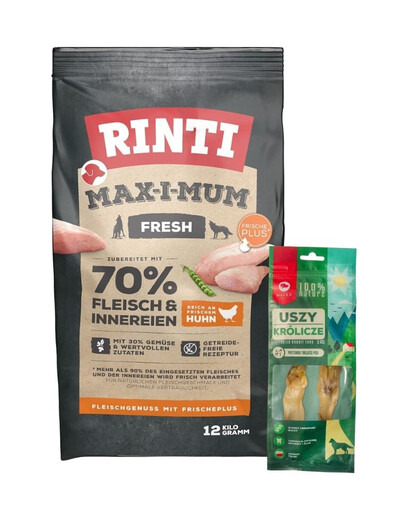 RINTI MAX-I-MUM Chicken z kurczakiem 12 kg + MACED Ucho Królicze 2 szt.