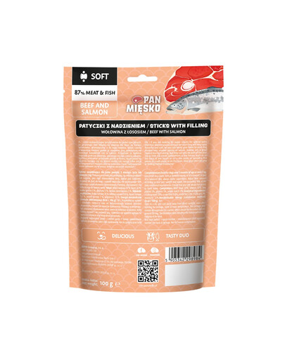 Patyczki z nadzieniem Wołowina i łosoś przysmak dla psa 100 g