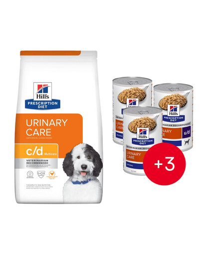 HILL'S Prescription Diet Canine c/d Multicare Chicken 12 kg dla psów z problemami z układem moczowym + 3 puszki GRATIS