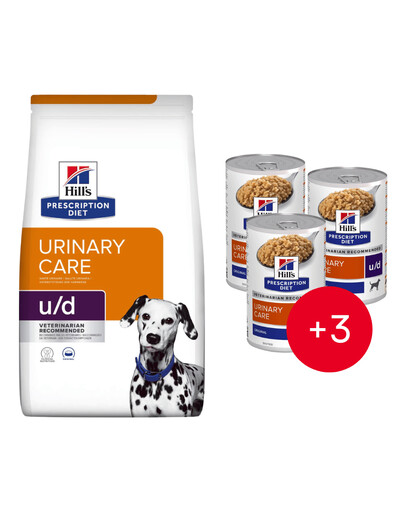 HILL'S Prescription Diet Canine U/D Urinary Care 10 kg dla psów z wrażliwym układem moczowym + 3 puszki GRATIS