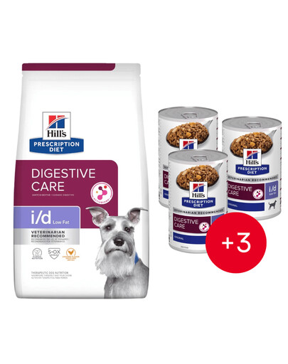 HILL'S Prescription Diet Digestive Care i/d ActivBiome Canine Low Fat kurczak 12 kg dla psów z wrażliwym układem pokarmowym + 3 puszki GRATIS