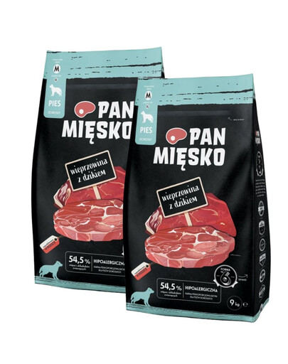 PAN MIĘSKO Wieprzowina z dzikiem dla psów chrupki M 2x9 kg