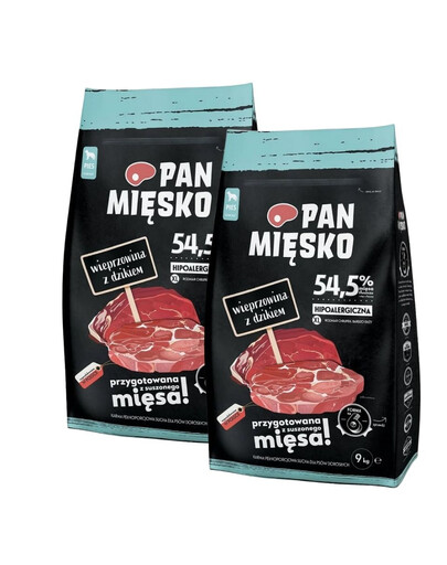PAN MIĘSKO Wieprzowina z dzikiem dla psów chrupki XL 2x9 kg