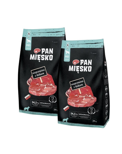PAN MIĘSKO Wieprzowina z dzikiem dla psów chrupki XL 2x20 kg