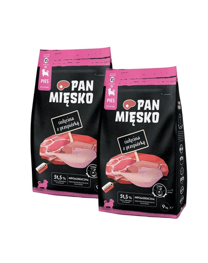 PAN MIĘSKO Cielęcina z przepiórką dla szczeniąt chrupki XS 2x3 kg