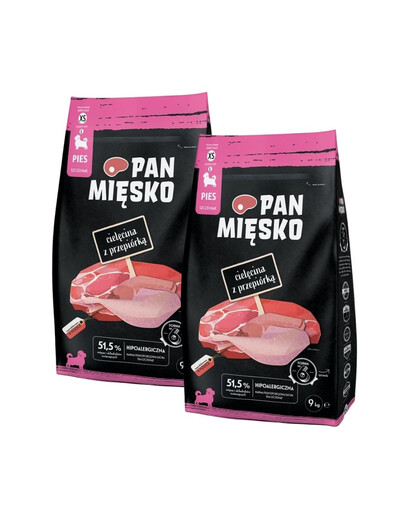 PAN MIĘSKO Cielęcina z przepiórką dla szczeniąt chrupki XS 2x9 kg