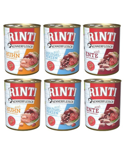 RINTI Kennerfleisch Mix smaków serca drobiowe, kurczak i serca drobiowe 6x400 g