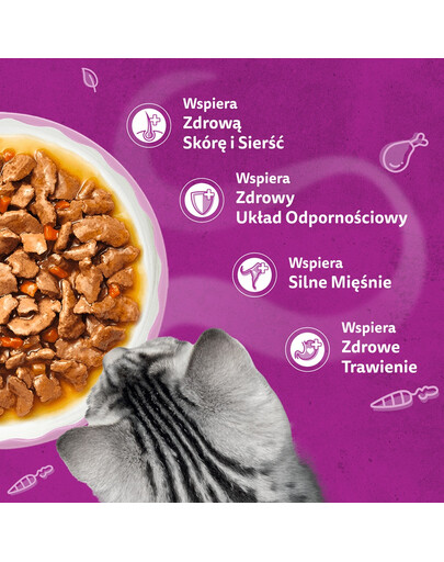 WHISKAS Adult Aromatyczna Mieszanka saszetki 40x85 g mokra karma pełnoporcjowa dla dorosłych kotów w sosie kawałki z glazurowaną wieprzowiną i marchewką, soczystym kurczakiem, z kawałkami ryb oceanicznych w bulionie, delikatnym łososiem i groszkiem