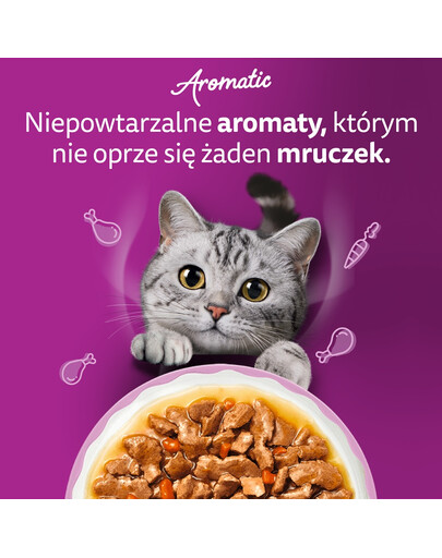 WHISKAS Adult Aromatyczna Mieszanka saszetki 40x85 g mokra karma pełnoporcjowa dla dorosłych kotów w sosie kawałki z glazurowaną wieprzowiną i marchewką, soczystym kurczakiem, z kawałkami ryb oceanicznych w bulionie, delikatnym łososiem i groszkiem