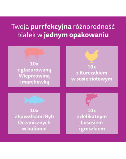 WHISKAS Adult Aromatyczna Mieszanka saszetki 40x85 g mokra karma pełnoporcjowa dla dorosłych kotów w sosie kawałki z glazurowaną wieprzowiną i marchewką, soczystym kurczakiem, z kawałkami ryb oceanicznych w bulionie, delikatnym łososiem i groszkiem