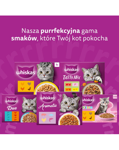 WHISKAS Adult Aromatyczna Mieszanka saszetki 40x85 g mokra karma pełnoporcjowa dla dorosłych kotów w sosie kawałki z glazurowaną wieprzowiną i marchewką, soczystym kurczakiem, z kawałkami ryb oceanicznych w bulionie, delikatnym łososiem i groszkiem
