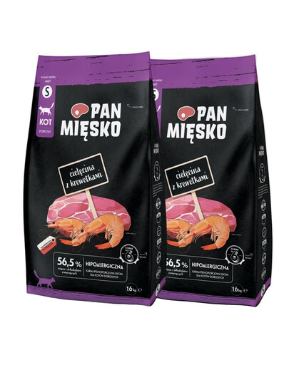 PAN MIĘSKO Cielęcina z krewetkami dla kotów chrupki S 2x1,6 kg