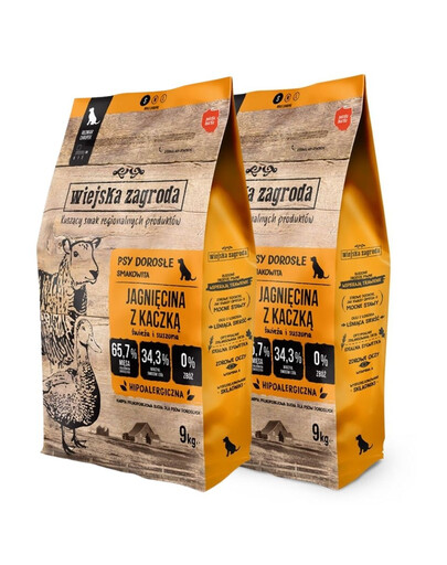 WIEJSKA ZAGRODA Jagnięcina z kaczką karma dla psów chrupki S 2x9 kg