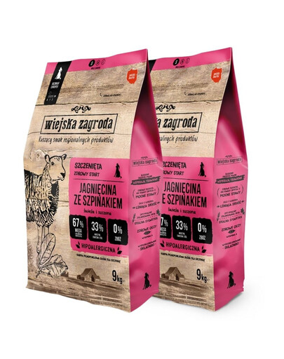WIEJSKA ZAGRODA Jagnięcina ze szpinakiem karma dla szczeniąt chrupki S 2x9 kg