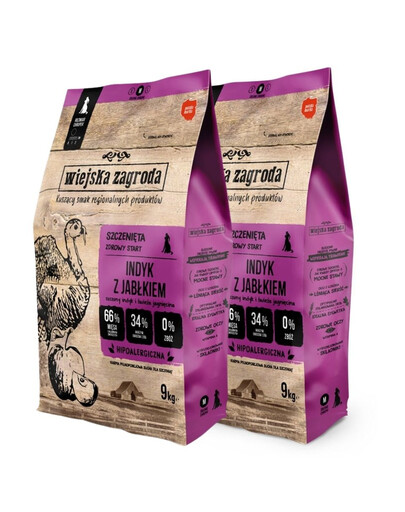WIEJSKA ZAGRODA Indyk z jabłkiem karma dla szczeniąt chrupki M 2x9 kg