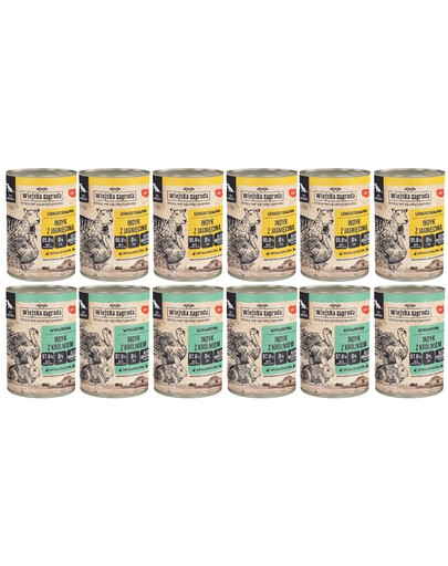 WIEJSKA ZAGRODA Mix smaków Indyk z jagnięciną i Indyk z królikiem 12x400 g mokra karma psów