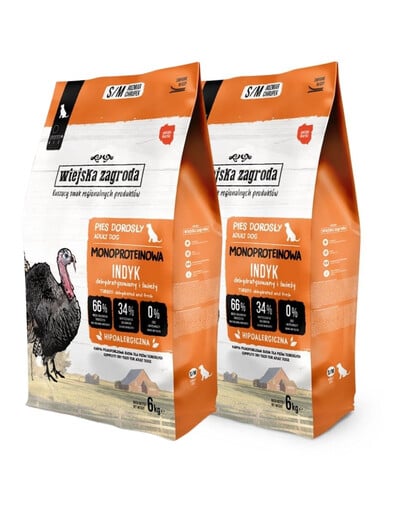 WIEJSKA ZAGRODA Monobiałkowa Indyk dla psów chrupki S/M 2x6 kg
