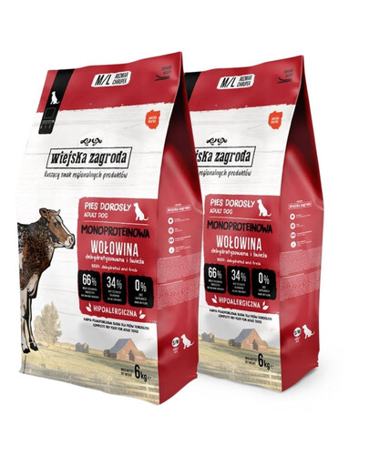 WIEJSKA ZAGRODA Monobiałkowa Wołowina dla psów chrupki M/L 2x6 kg