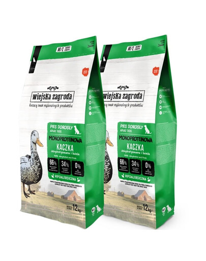WIEJSKA ZAGRODA Monobiałkowa Kaczka dla psów chrupki M/L 2x12 kg