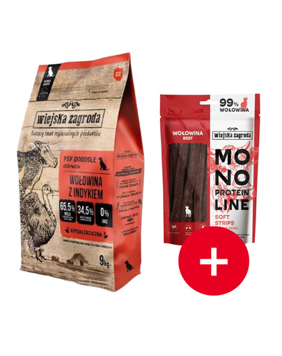 WIEJSKA ZAGRODA Wołowina z indykiem chrupki L 9 kg + przysmak GRATIS