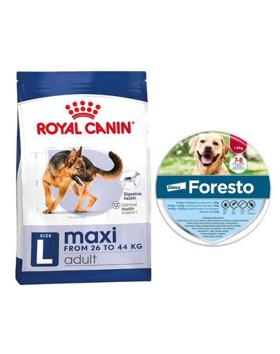 ROYAL CANIN Maxi Adult 15 kg karma sucha dla psów dorosłych, do 5 roku życia, ras dużych + FORESTO Obroża foresto dla psa przeciw kleszczom i pchłom powyżej 8 kg