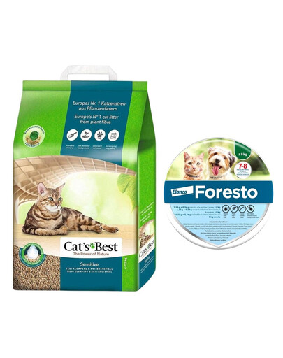 JRS Cat's Best Sensitive 20l żwirek drewniany dla kota + BAYER FORESTO Obroża dla kota i psa przeciw kleszczom i pchłom poniżej 8 kg