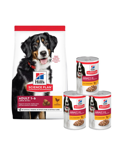 HILL'S Science Plan Canine Adult Large breed Chicken 18 kg karma dla psów ras dużych kurczak + 3 puszki GRATIS