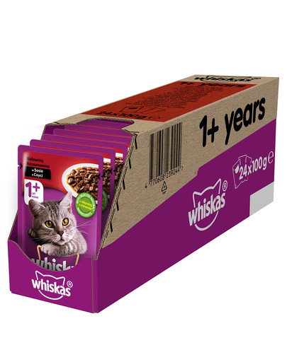 WHISKAS 1+ lat opakowanie 24x100g - mokra karma dla kotów, z wołowiną w sosie