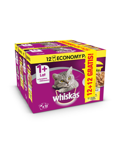 WHISKAS Adult 12+12 GRATIS - mokra karma dla kotów potrawka w galaretce smaki drobiowe