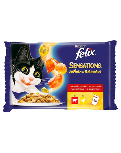 Sensations 4x100g: 2 x z wołowiną w galaretce z pomidorami; 2x z z kurczakiem w galaretce z marchewką