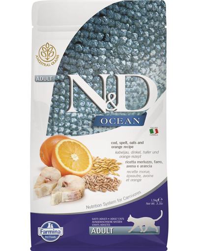 N&D Ocean cat adult codfish, spelt, oats and orange 1,5 kg