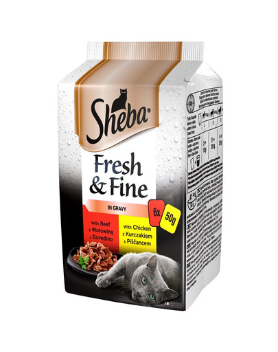 SHEBA saszetka 6x50g Fresh & Fine mokra karma pełnoporcjowa dla dorosłych kotów w sosie z wołowiną, z kurczakiem