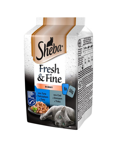 saszetka SHEBA saszetka 6x50 g Fresh & Fine mokra pełnoporcjowa karma dla dorosłych kotów w sosie z tuńczykiem, z dorszemFresh & Fine - mokra karma dla kotów w sosie (z łososiem, z tuńczykiem, z dorszem)