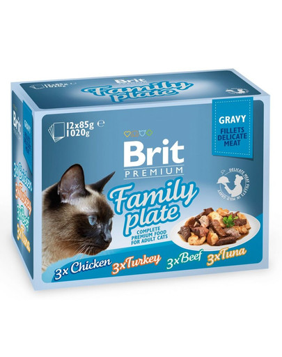 Premium Cat pouch gravy fillet Family plate Saszetki w sosie dla kotów, mix smaków 1,2 kg (12x85 g)